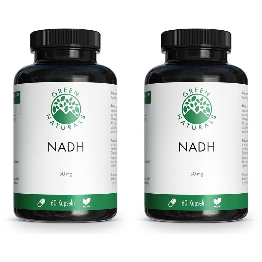 Zwei schwarze Flaschen mit weißen Etiketten. Auf den Etiketten steht "GREEN NATURALS NADH", "50 mg" und "60 Kapseln".