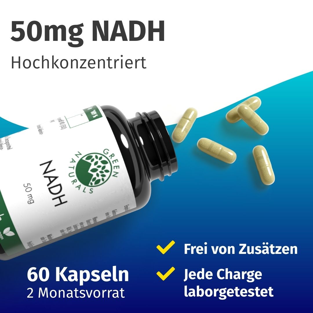 Eine Flasche GREEN NATURALS NADH 50 mg, 60 Kapseln, vegan. Einige Kapseln liegen daneben.