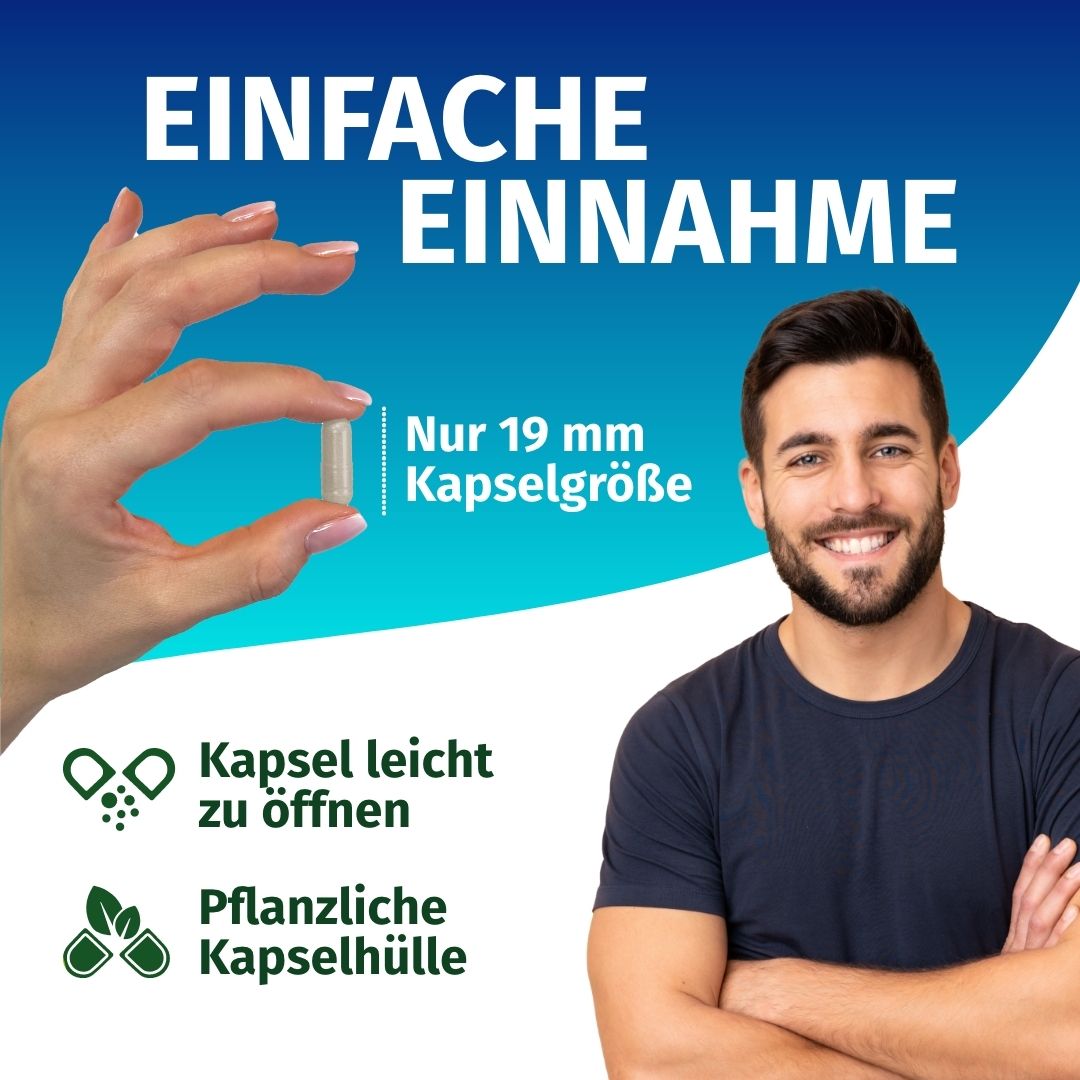 Eine Hand hält eine 19 mm Kapsel. Mann lächelt. Pflanzliche Kapselhülle.