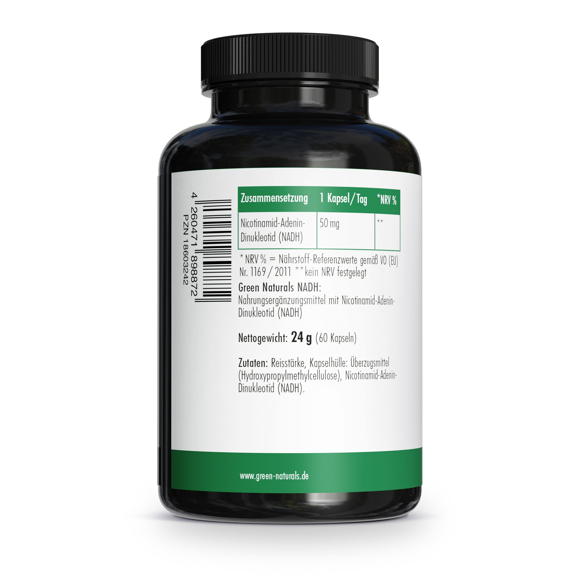 Rückseite einer Flasche GREEN NATURALS NADH mit Zutatenliste und Nährwertangaben.