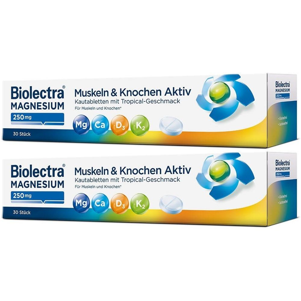 Zwei Schachteln BIOLECTRA Magnesium Kautabletten. Aufdruck: Magnesium 250mg, Muskeln & Knochen Aktiv, 30 Stück. Mit Tropical-Geschmack.
