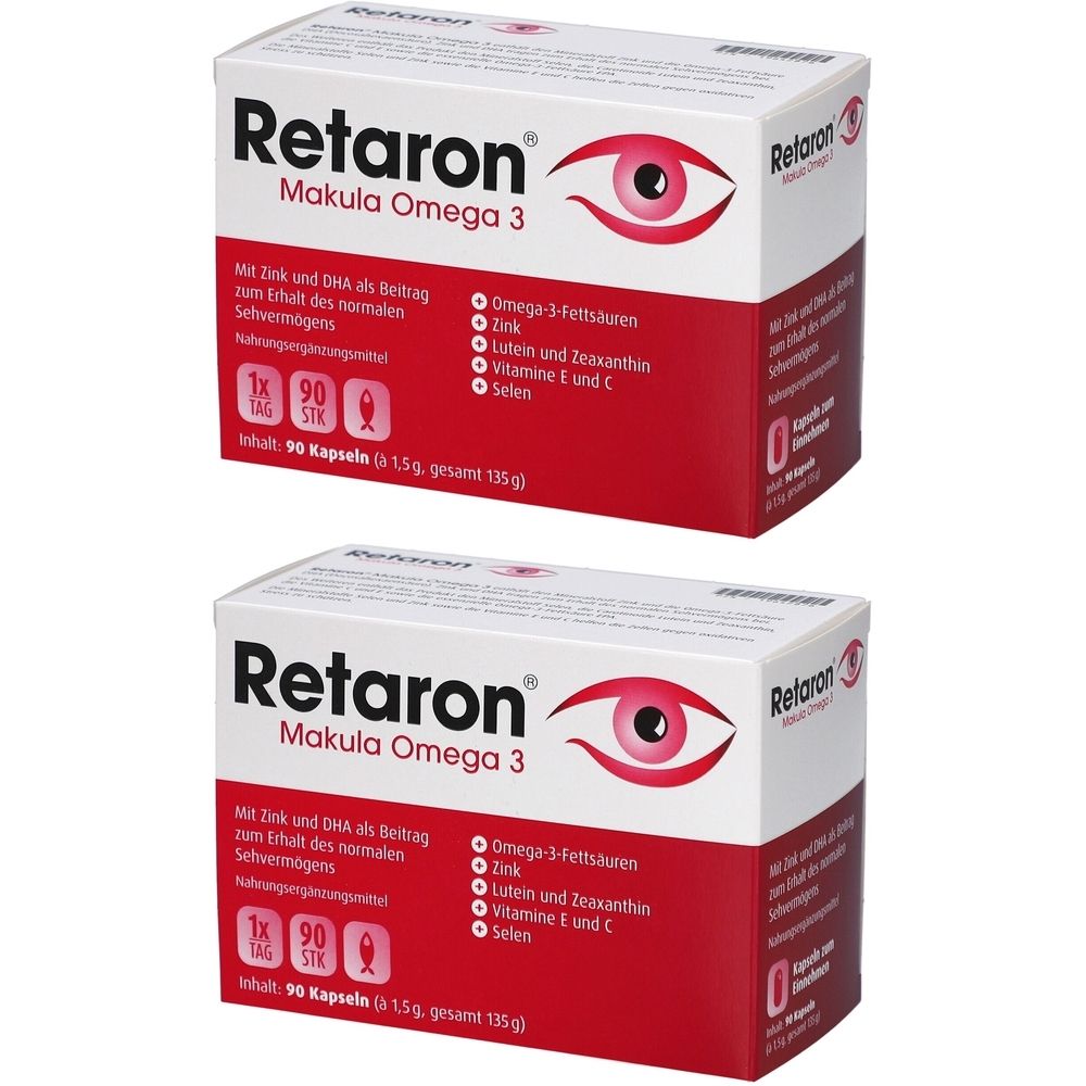 Zwei weiße Kartons mit roter Schrift und einem Augensymbol. Aufschrift: Retaron Makula Omega 3. Enthält 90 Kapseln.