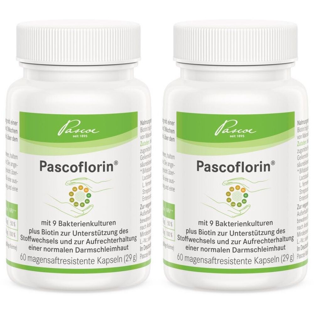 Zwei weiße Flaschen mit Schraubverschluss. Aufschrift Pascoflorin. Grüne Etiketten mit Produktinformationen und Logo.