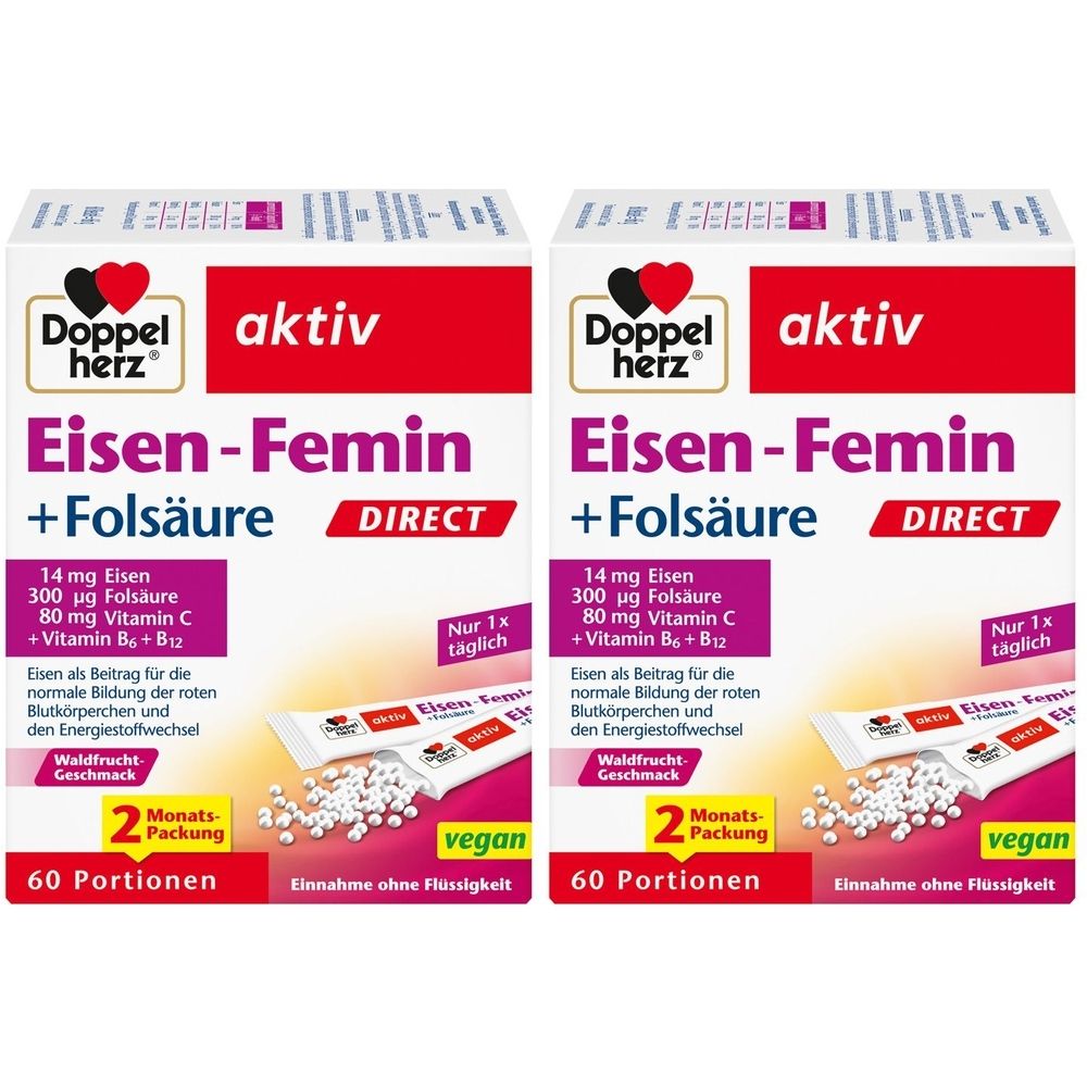 Zwei Packungen Doppelherz aktiv Eisen-Femin DIRECT. Weiße Verpackung mit rotem und pinkfarbenem Text. Enthält 60 Portionen.