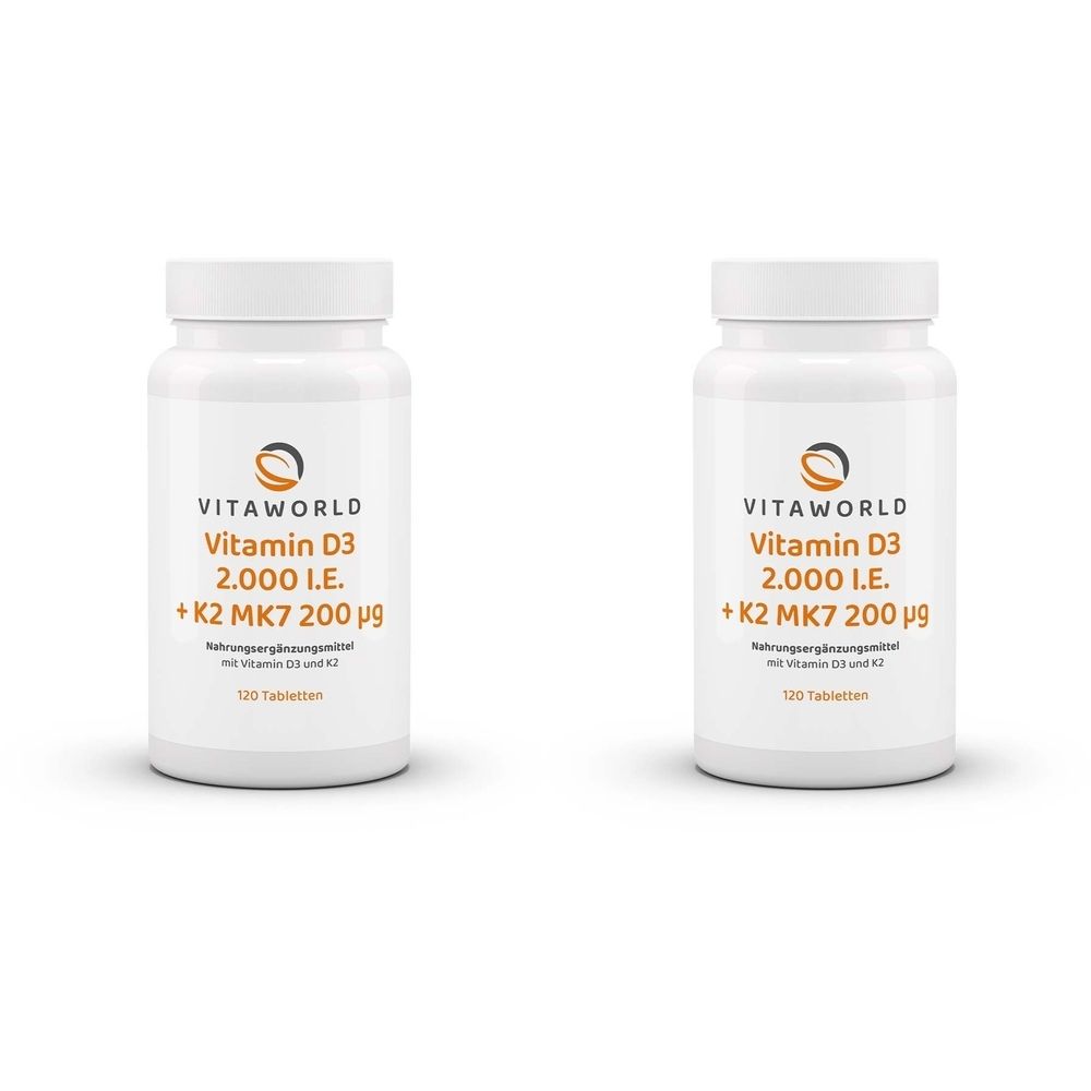 Zwei weiße Flaschen mit Schraubverschluss. Aufschrift: VitaWorld Vitamin D3 2.000 I.E. + K2 MK7 200 µg. 120 Tabletten.