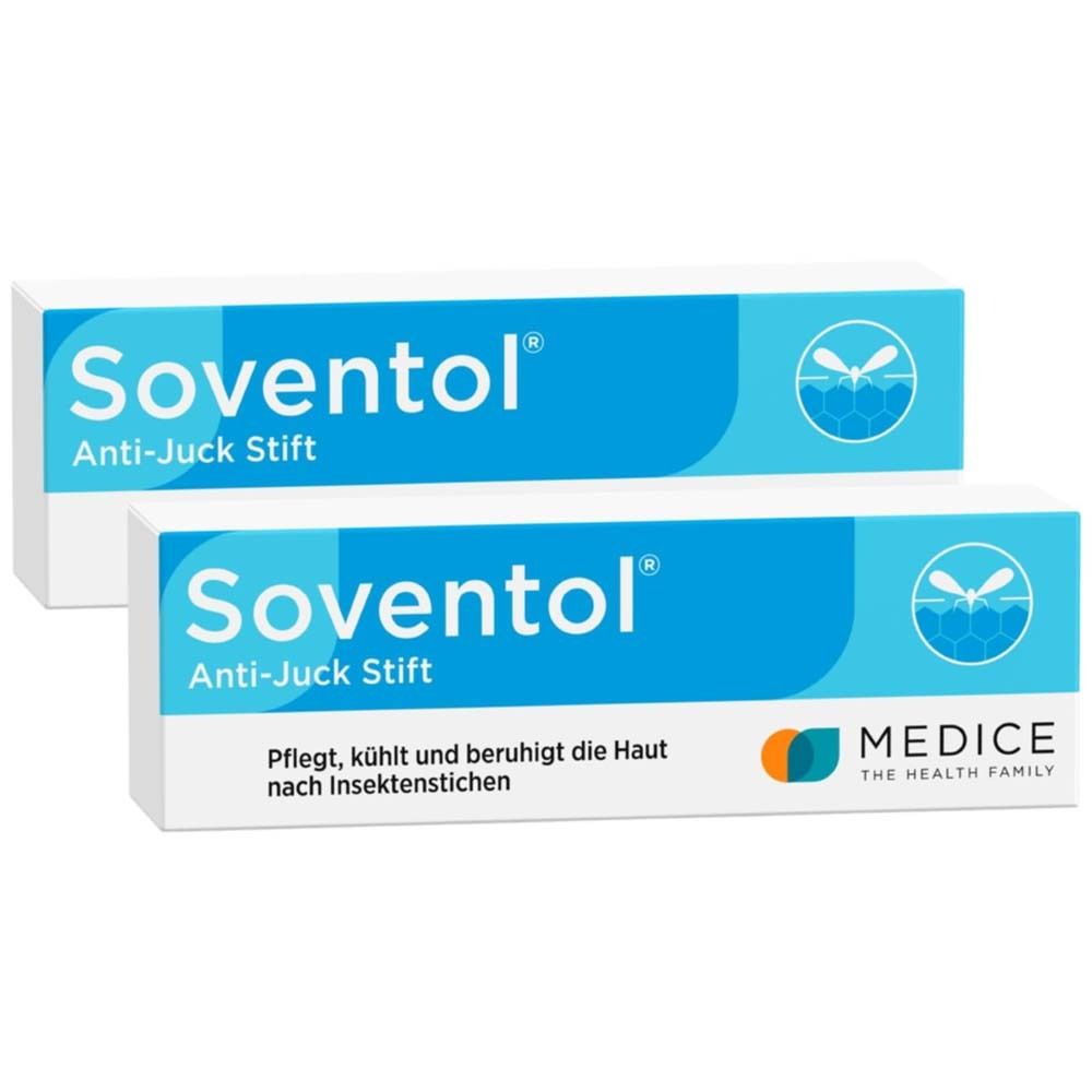 Zwei weiße Schachteln mit blauem Schriftzug Soventol Anti-Juck Stift. Logo mit Biene. Text: Pflegt, kühlt und beruhigt die Haut.