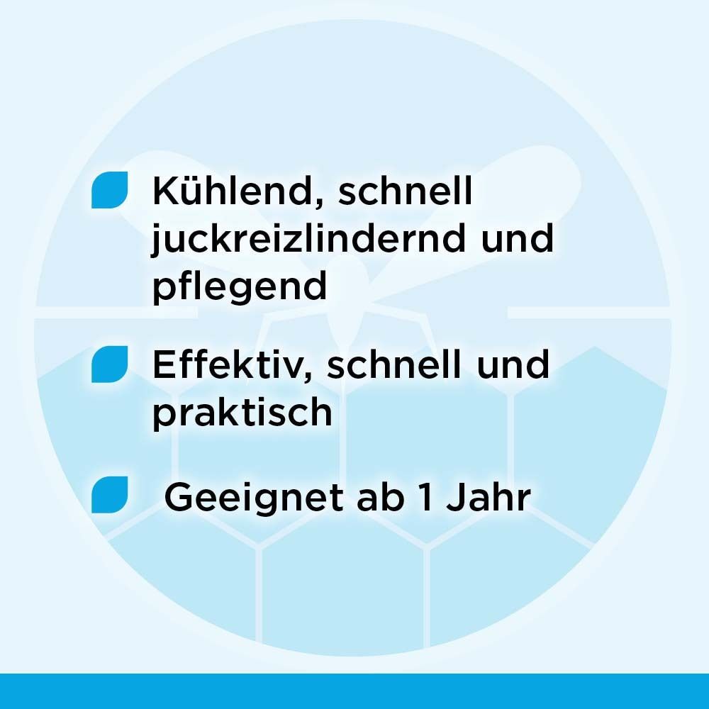 Text auf blauem Hintergrund: Kühlend, schnell juckreizlindernd und pflegend. Effektiv, schnell und praktisch. Geeignet ab 1 Jahr.