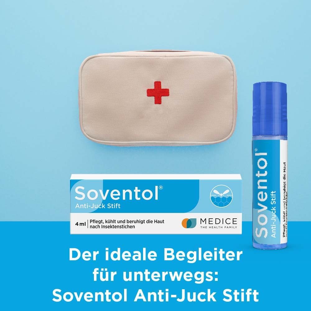 Erste-Hilfe-Tasche, Verpackung und Roll-On Stift. Text: Der ideale Begleiter für unterwegs: Soventol Anti-Juck Stift.