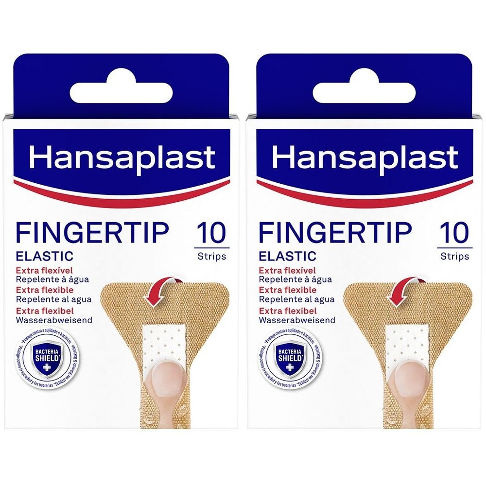 Zwei Packungen Hansaplast Fingerstrip Pflaster. Jede Packung enthält 10 Strips. Aufschrift: Elastic, wasserabweisend, Bakterienschutz.