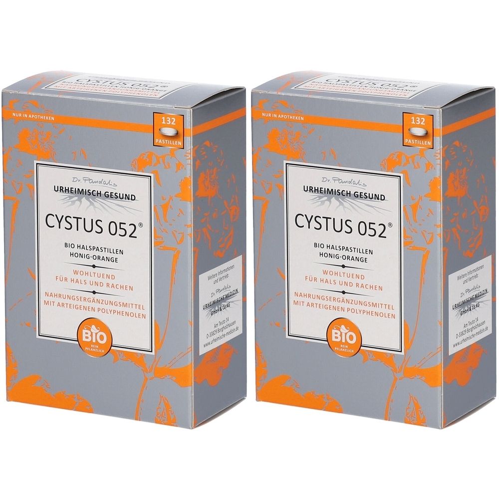 Zwei graue Kartons mit orangefarbenen Akzenten. Aufdruck: Cystus 052 Bio Halspastillen Honig-Orange. Mit Bio-Siegel und Packungsinhalt.