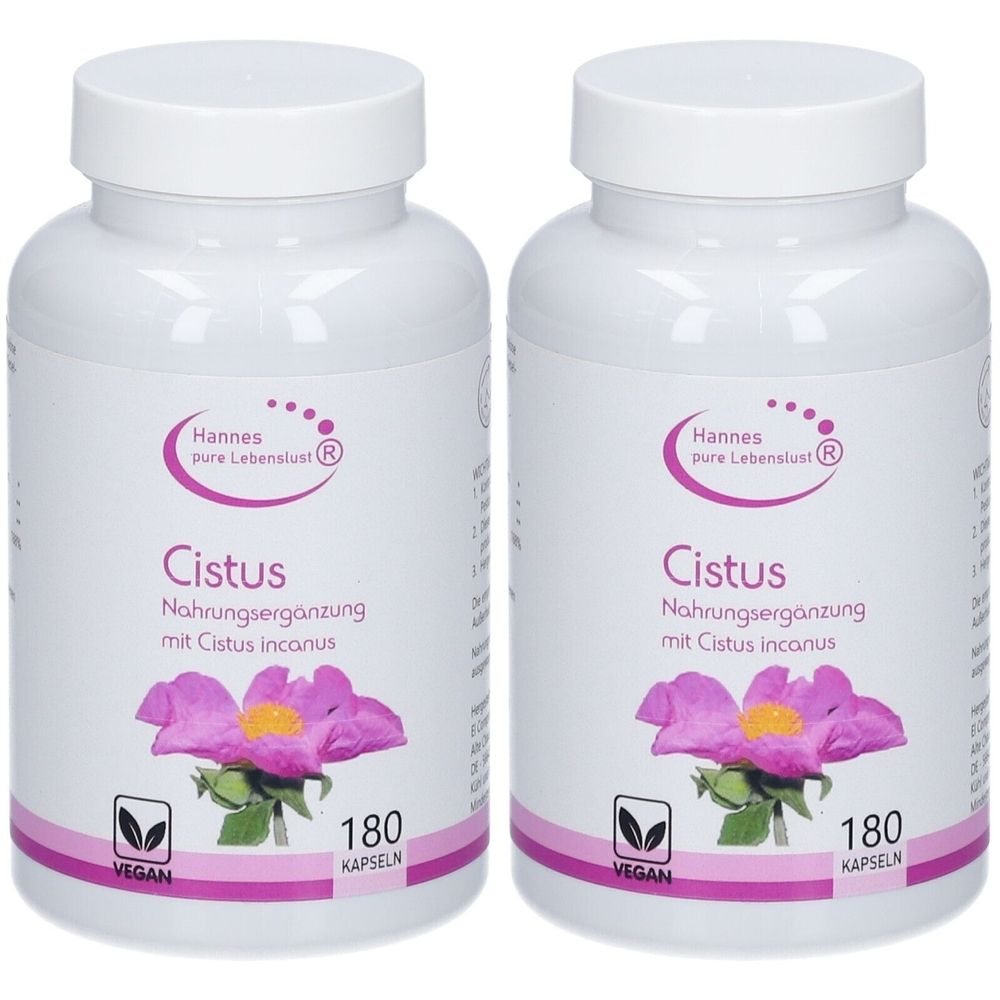 Zwei weiße Flaschen mit Etiketten. Aufschrift: Hannes pure Lebenslust® Cistus, Nahrungsergänzung. Mit 180 Kapseln. Vegan.