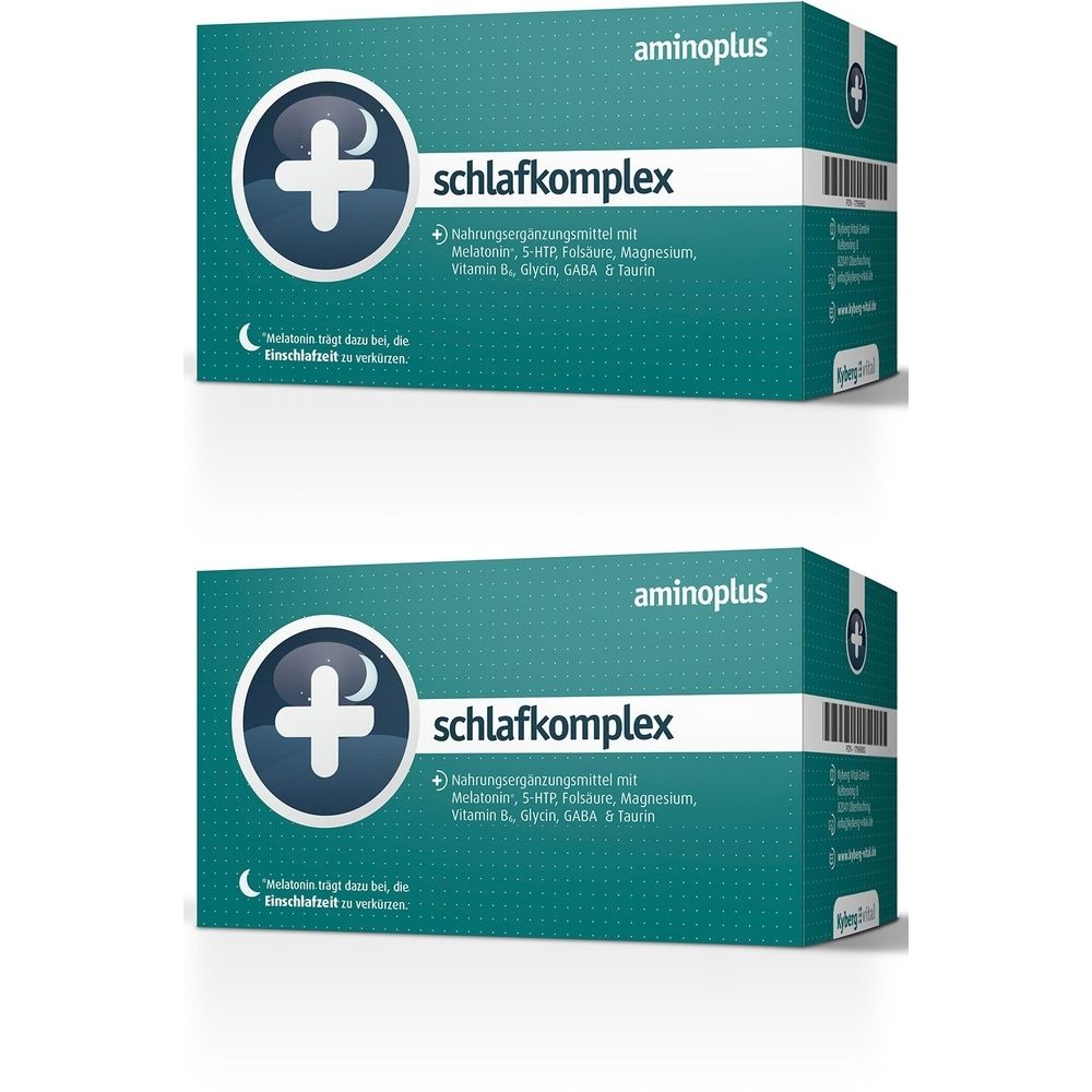 Zwei Packungen aminoplus® schlafkomplex. Türkisblaue Schachteln mit weißem Plus-Symbol und Produktnamen. Enthält Inhaltsstoffangaben.