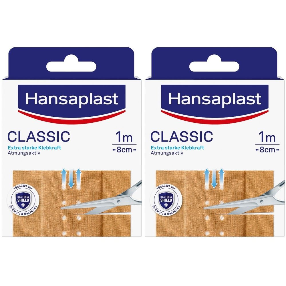 Zwei Packungen Hansaplast Classic Wundpflaster. Aufschrift: Classic, Extra starke Klebkraft, Atmungsaktiv. Mit Schere und Bakterienschild.