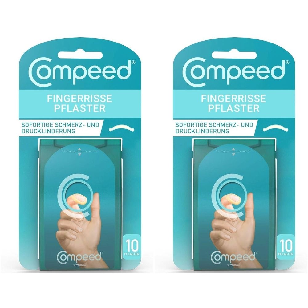 Zwei Packungen Compeed Fingerrisse Pflaster. Jede Packung enthält 10 Pflaster. Aufdruck: Sofortige Schmerz- und Drucklinderung.
