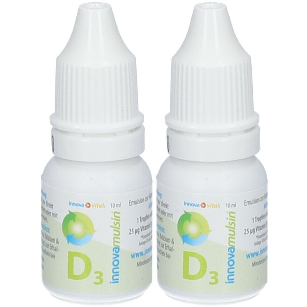 Zwei weiße Flaschen mit Schraubverschluss. Aufschrift: Innova Mulsin D3. Grüne und blaue Grafik. Text in deutscher Sprache.