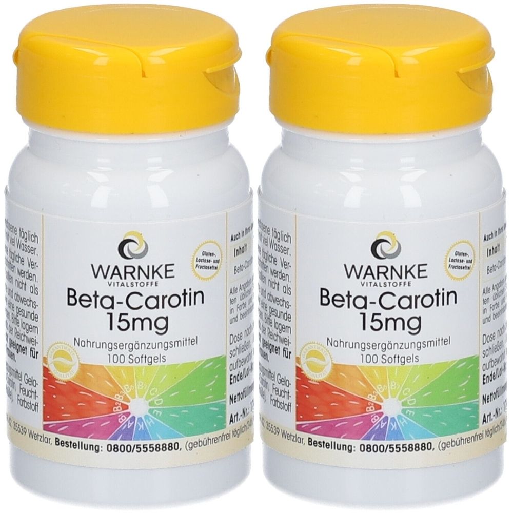 Zwei weiße Flaschen mit gelben Deckeln. Aufschrift: WARNKE Beta-Carotin 15mg, Nahrungsergänzungsmittel. 100 Softgels.