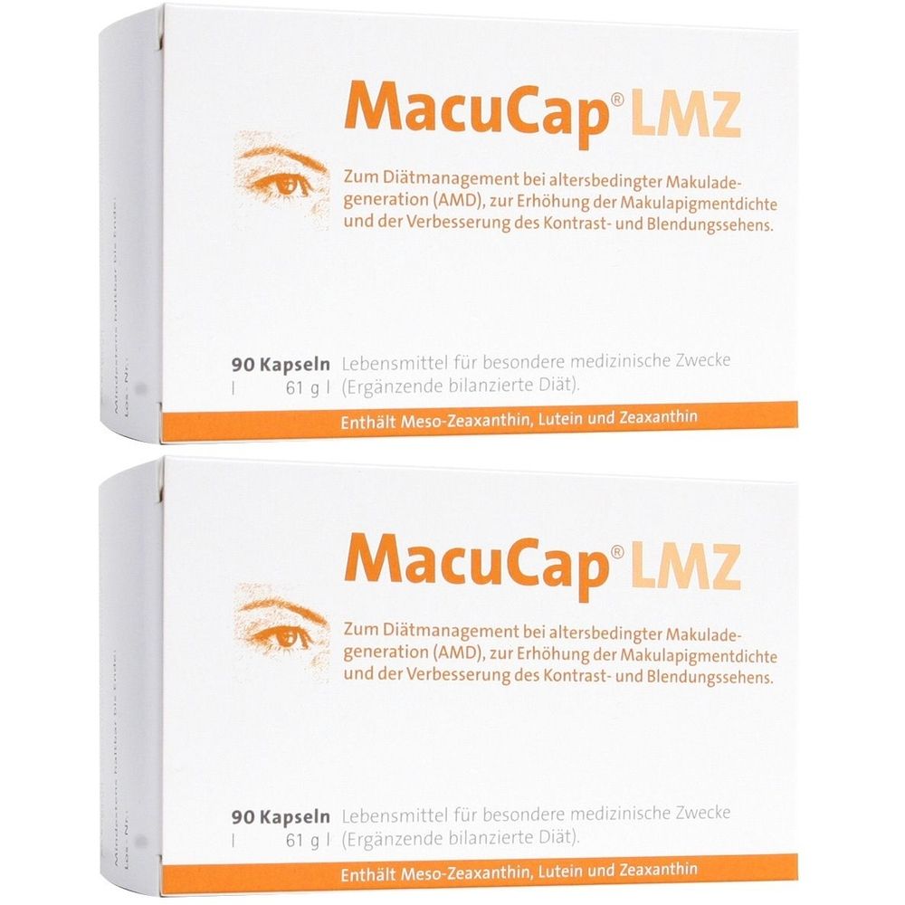 Zwei weiße Schachteln mit der Aufschrift MacuCap LMZ. Text: 90 Kapseln, 61 g. Enthält Meso-Zeaxanthin, Lutein und Zeaxanthin. Orangefarbene Akzente.