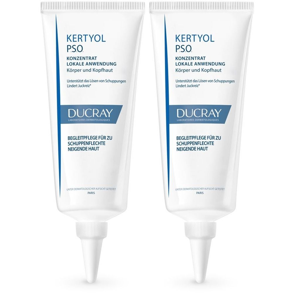 Zwei weiße Tuben mit blauer Schrift. Aufschrift: Kertyol PSO Konzentrat, Ducray. Begleitpflege für zu Schuppenflechte neigende Haut.