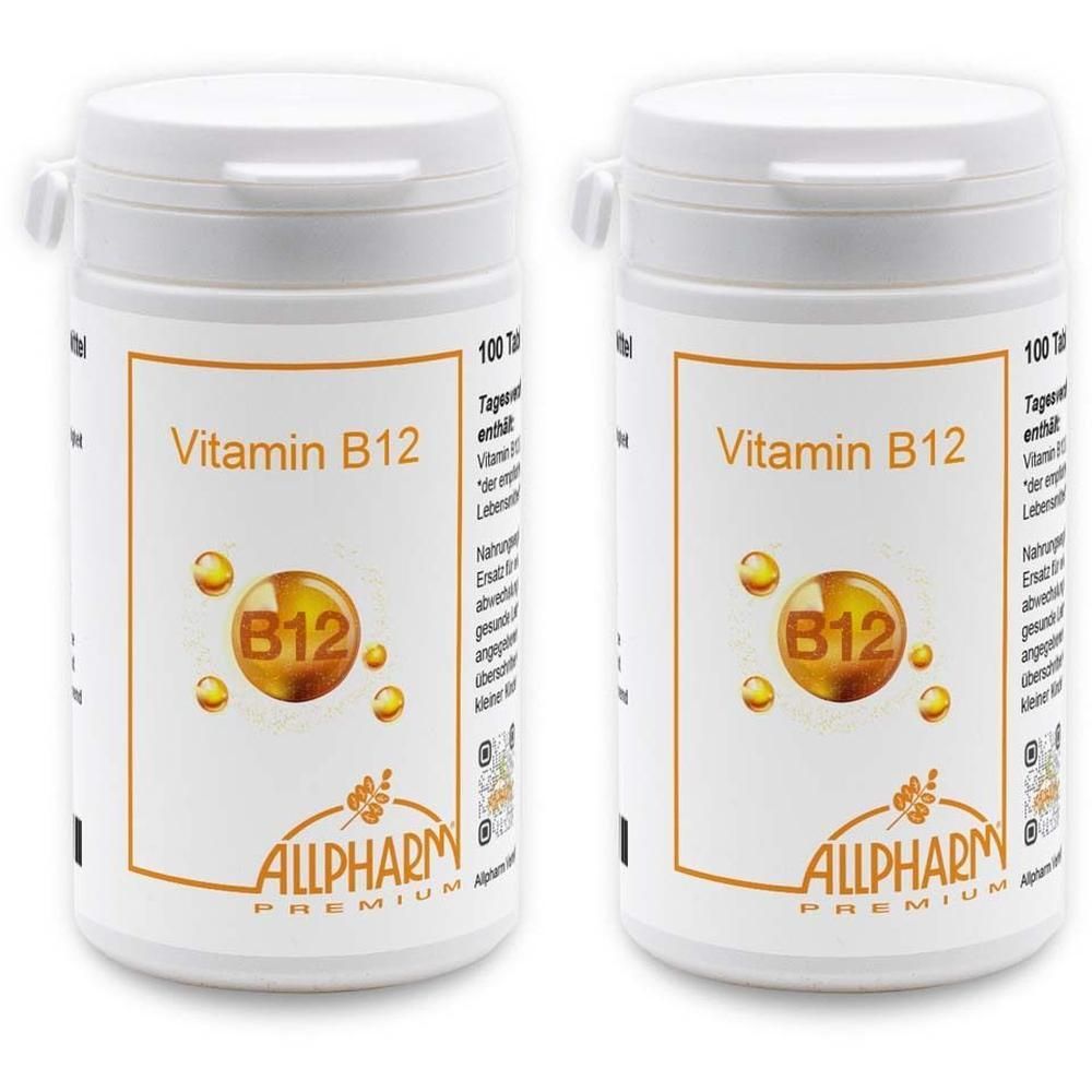 Zwei weiße Behälter mit ALLPHARM Vitamin B12 Tabletten Premium. Jede Flasche enthält 100 Tabletten.