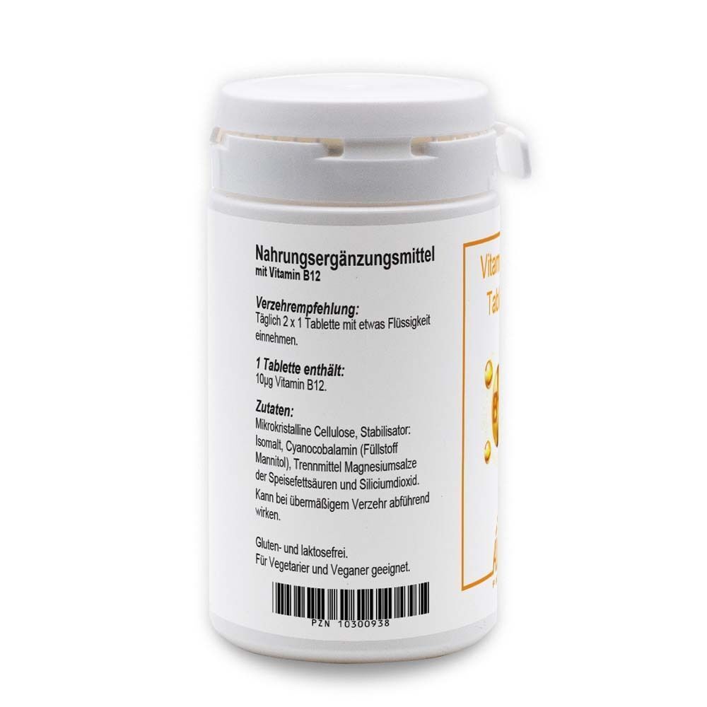 Rückseite eines ALLPHARM Vitamin B12 Behälters mit Nährwertangaben und Zutatenliste. Enthält 100 Tabletten.