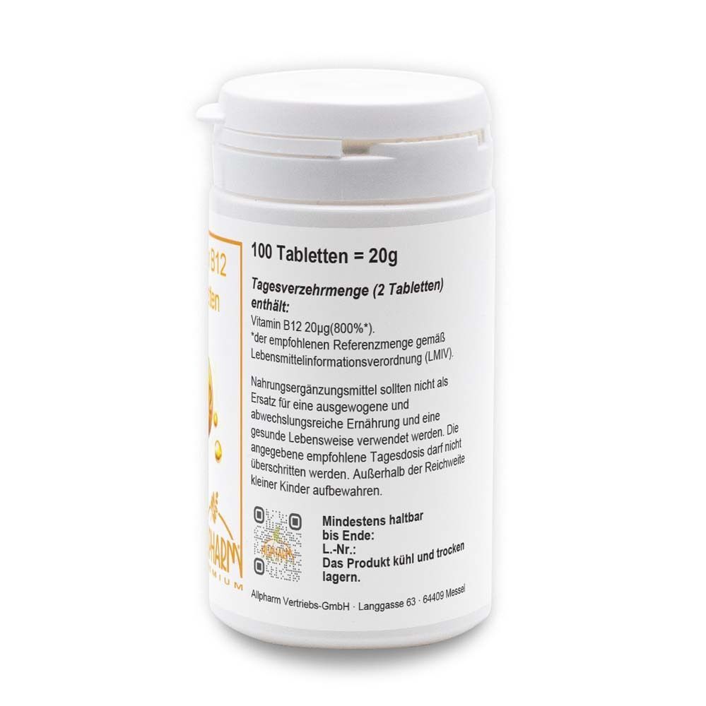 Rückseite eines ALLPHARM Vitamin B12 Behälters mit Mengenangabe (100 Tabletten = 20g) und Haltbarkeitsdatum.