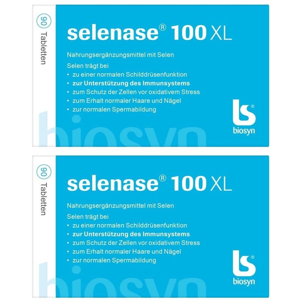 Zwei Packungen selenase® 100 XL. Blaue Verpackung mit weißer Schrift. Enthält 90 Tabletten. Marke: biosyn.
