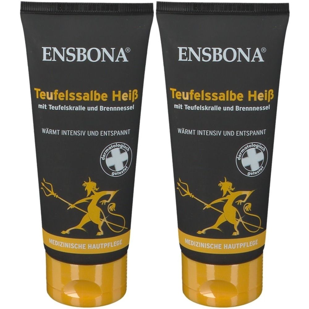 Zwei Tuben Ensbona® Teufelssalbe Heiß®. Schwarze Tuben mit gelbem Aufdruck. Text: Teufelssalbe Heiß, medizinische Hautpflege. Dermatologisch getestet.