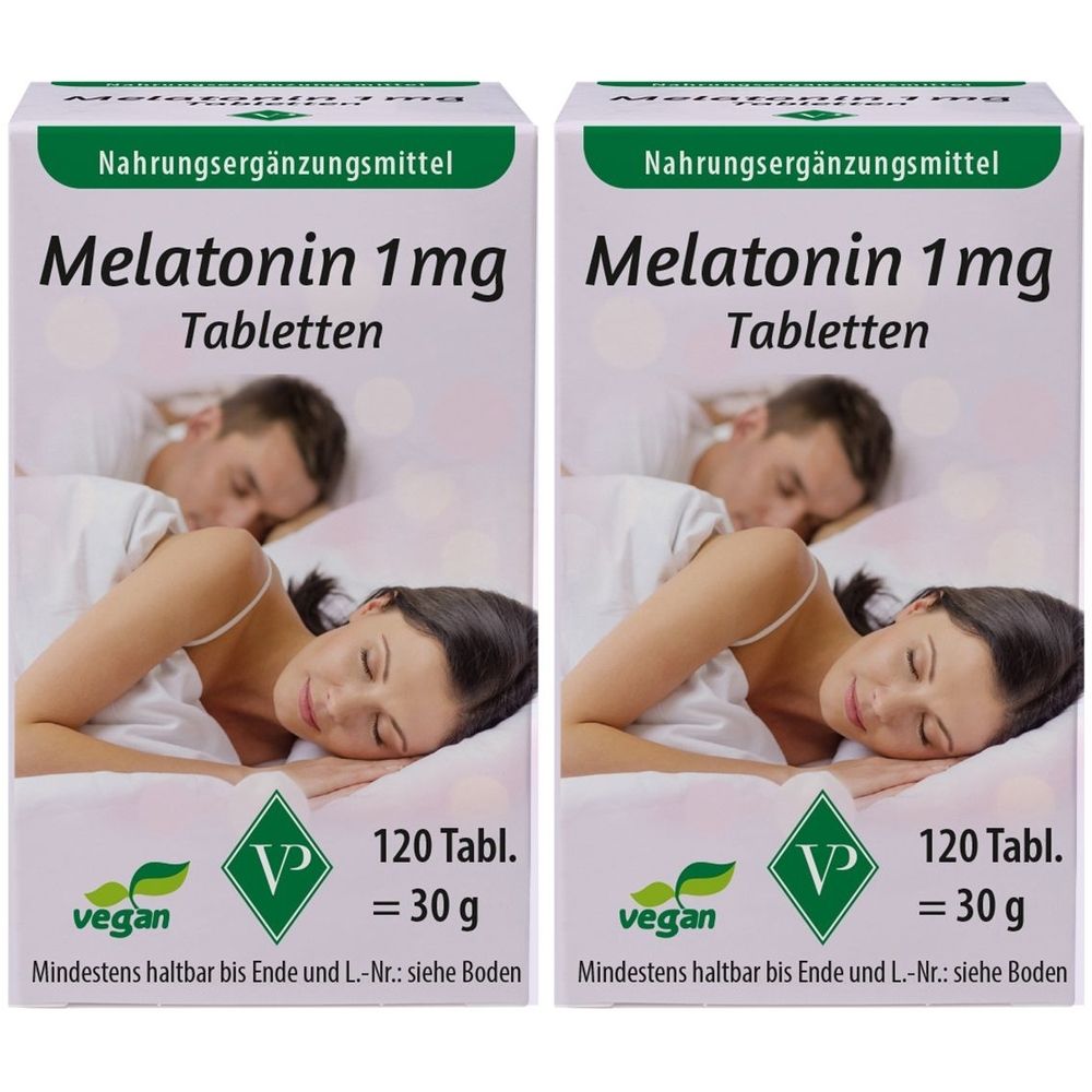 Zwei Schachteln Melatonin 1mg Tabletten. Aufdruck: 120 Tabletten, vegan. Abbildung schlafender Personen.