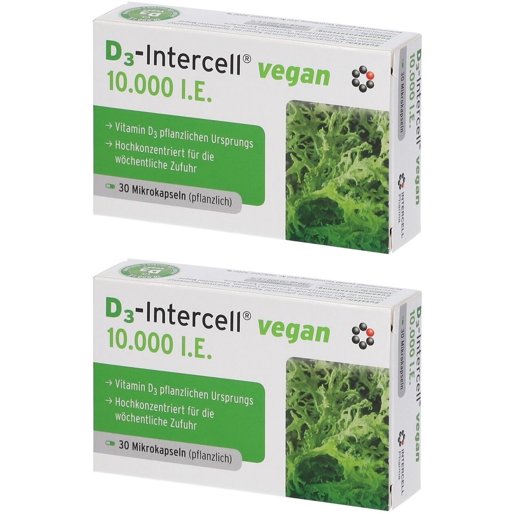 Zwei Schachteln D3-Intercell vegan 10.000 I.E. mit grünen Akzenten. Aufschrift: Vitamin D3 pflanzlichen Ursprungs, 30 Mikrokapseln.