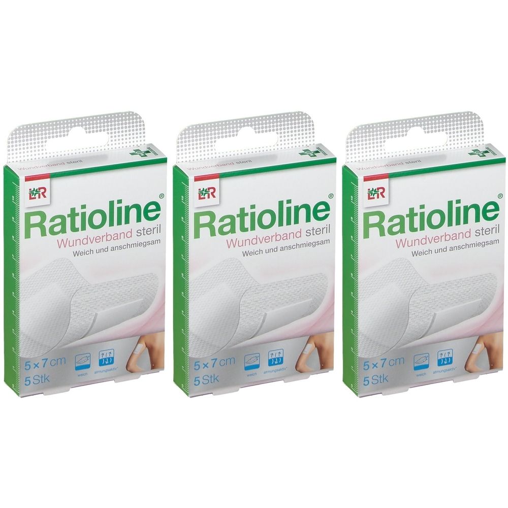 Drei Packungen Ratioline Wundverband steril. Jede Packung zeigt einen weißen Verband, 7 x 5 cm, 5 Stück. Grün-weiße Verpackung.