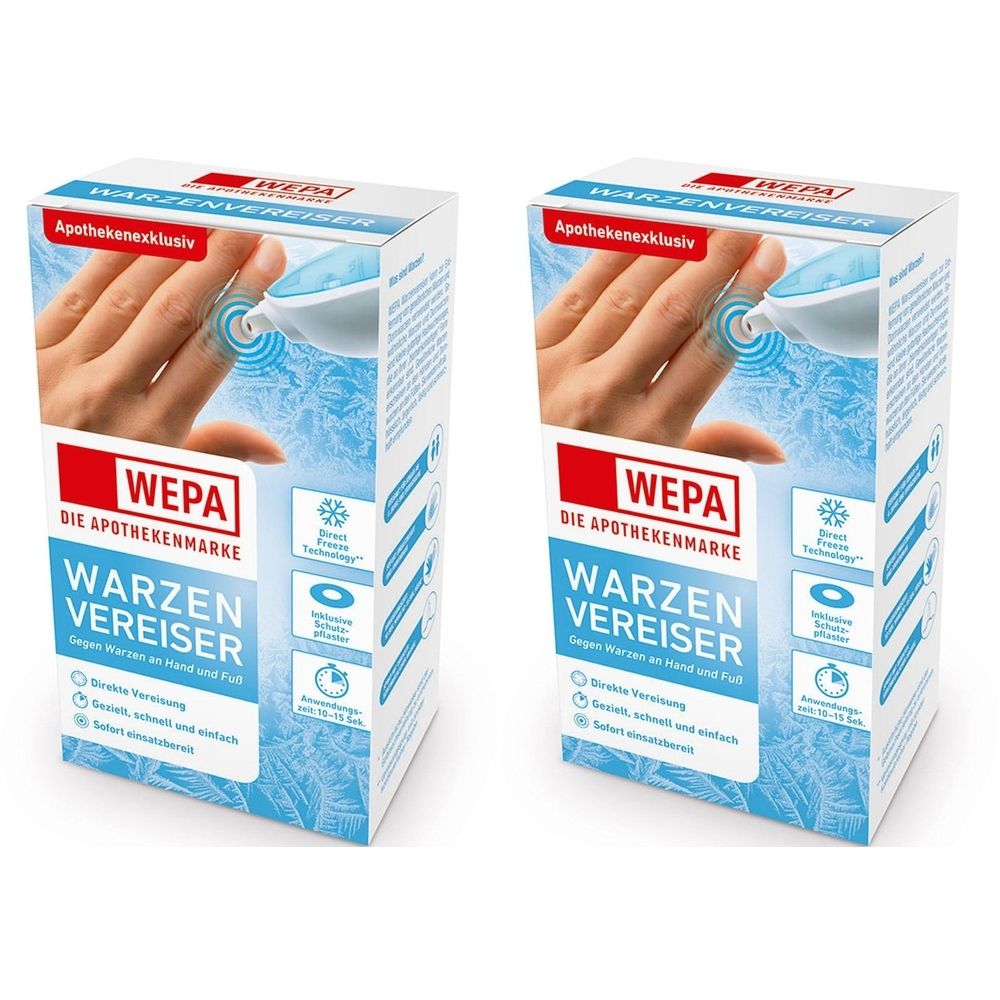 Zwei Kartons WEPA Warzenvereiser. Aufdruck: Warzenvereiser, gegen Warzen an Hand und Fuß. Apothekenexklusiv.