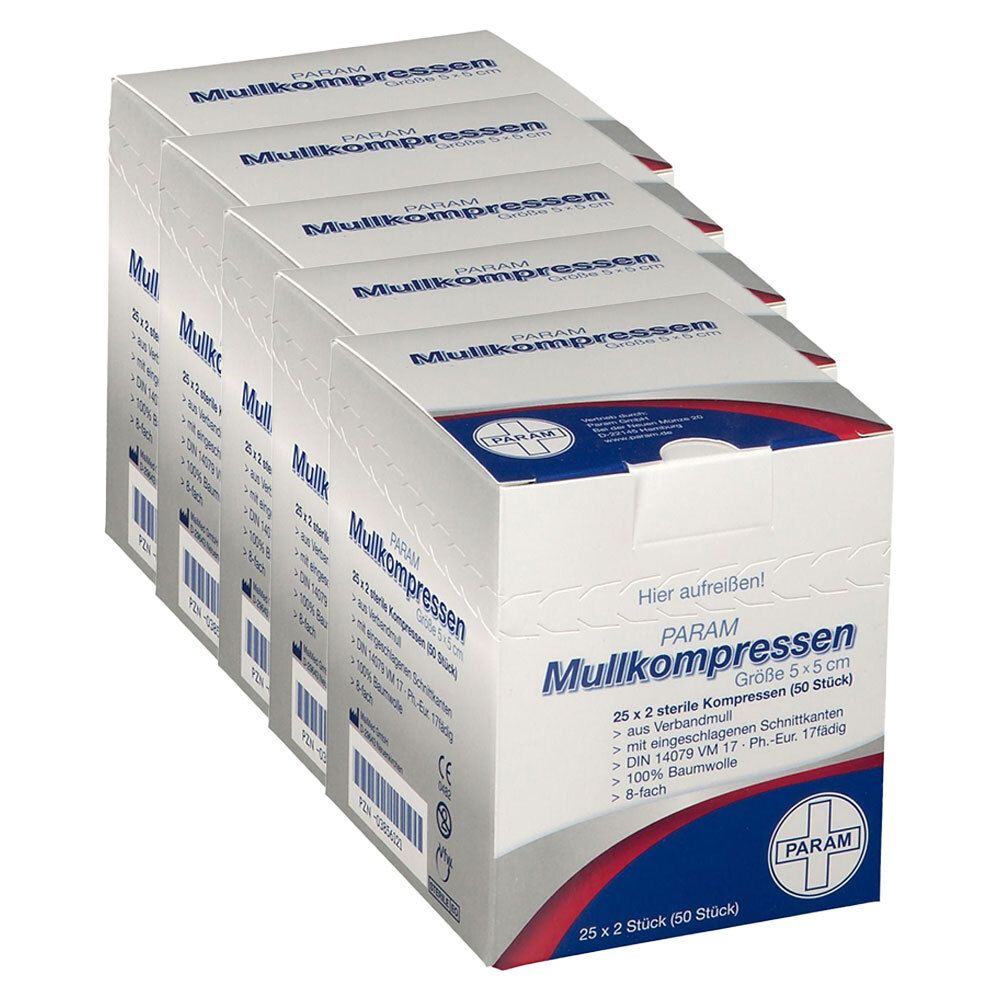 Mehrere Kartons PARAM Mullkompressen. Größe 5x5 cm. 25x2 sterile Kompressen. Verpackung mit Produktinformationen und Logo.
