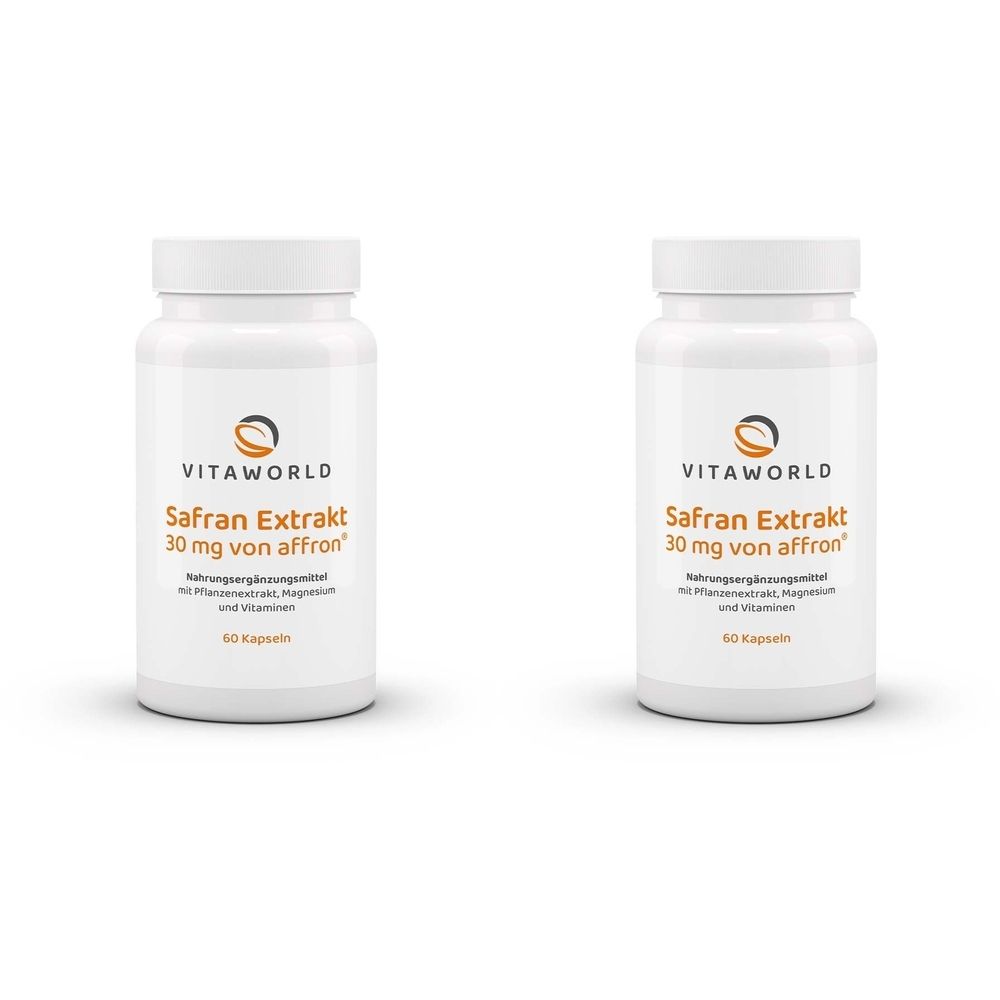 Zwei weiße Flaschen mit Schraubverschluss. Aufschrift: Safran Extrakt 30 mg von affron, Vitaworld. Enthält 60 Kapseln.