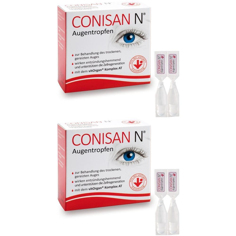 Zwei Packungen CONISAN N® Augentropfen mit je zwei Einzeldosispipetten.