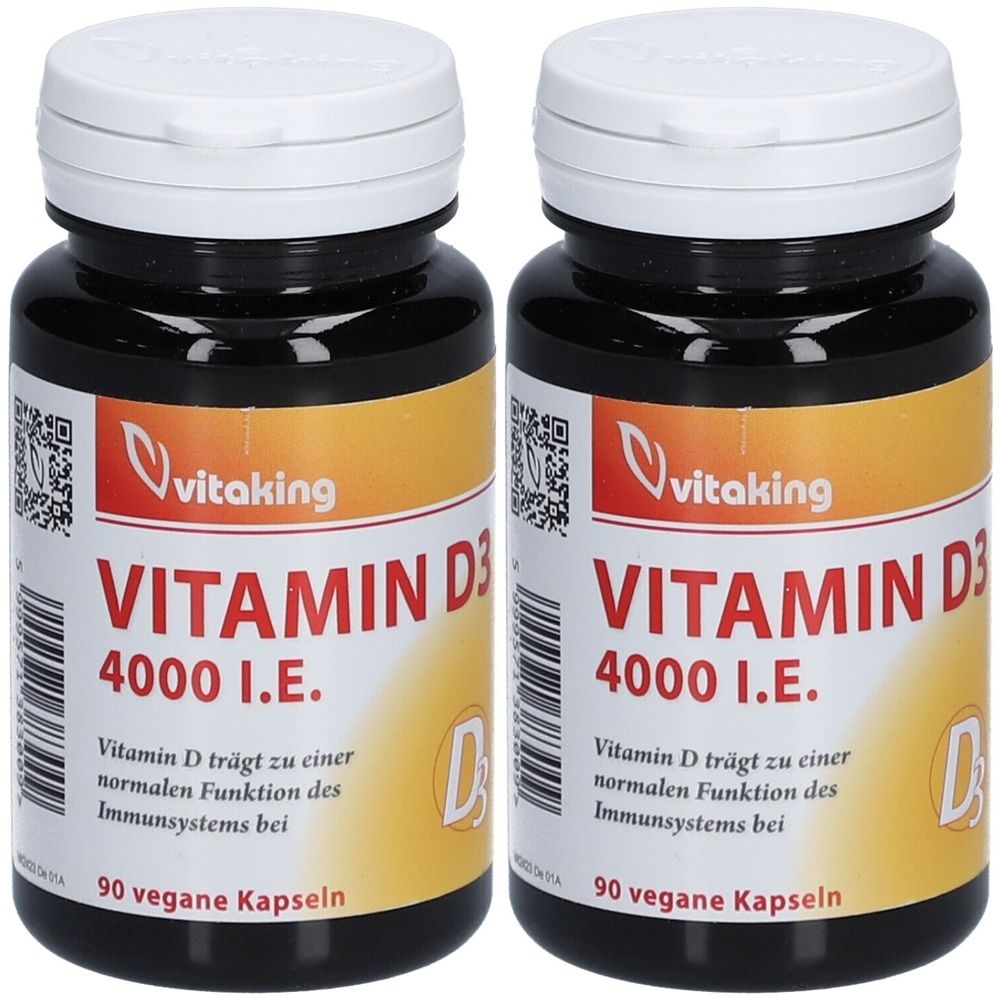 Zwei Flaschen Vitamin D3 4000 I.E. von Vitaking. Schwarze Flaschen mit weißem Deckel und gelb-weißem Etikett. Aufschrift: 90 vegane Kapseln.
