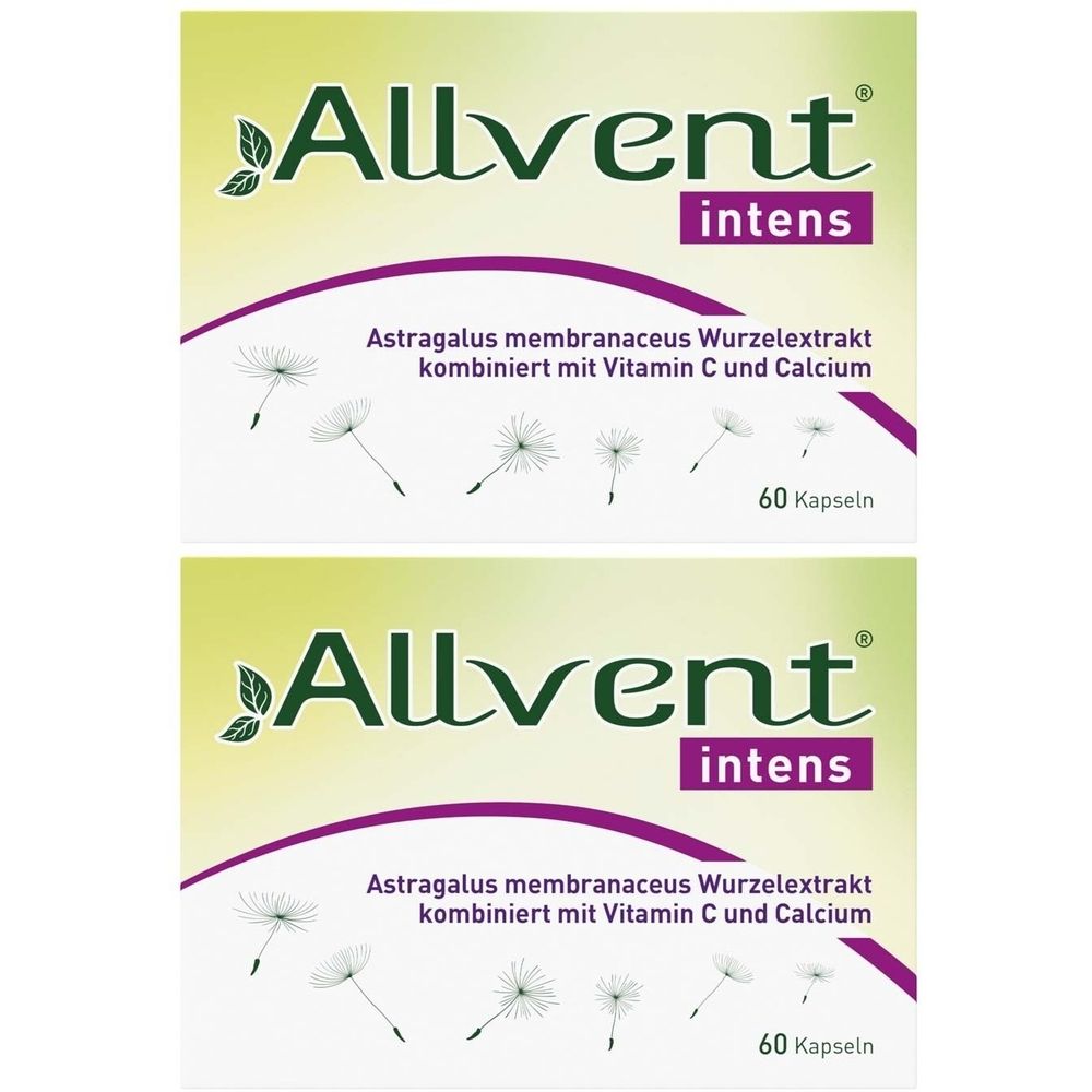 Zwei Schachteln ALLVENT intens. Aufschrift: Astragalus membranaceus Wurzelextrakt, kombiniert mit Vitamin C und Calcium. 60 Kapseln.
