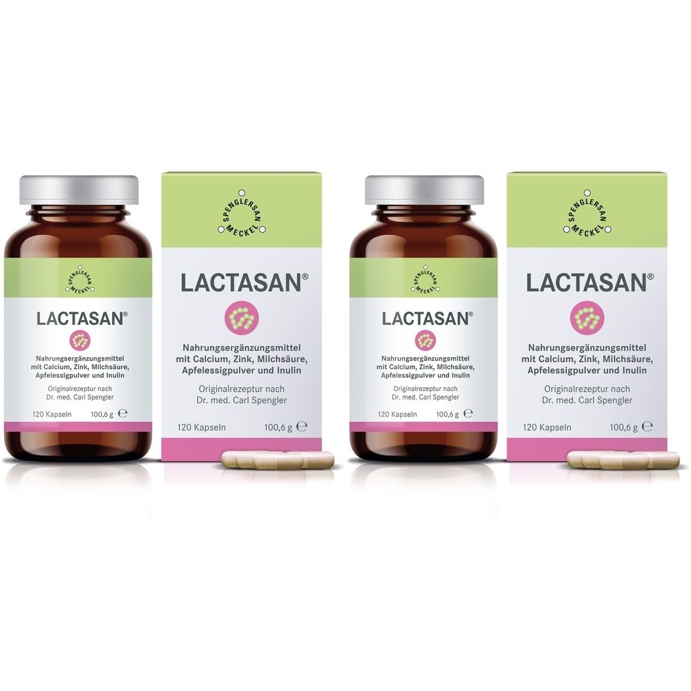 Mehrere Flaschen und Schachteln mit dem Produkt Lactasan. Braune Flaschen mit silbernen Deckeln, grüne und weiße Schachteln. Kapseln liegen daneben.