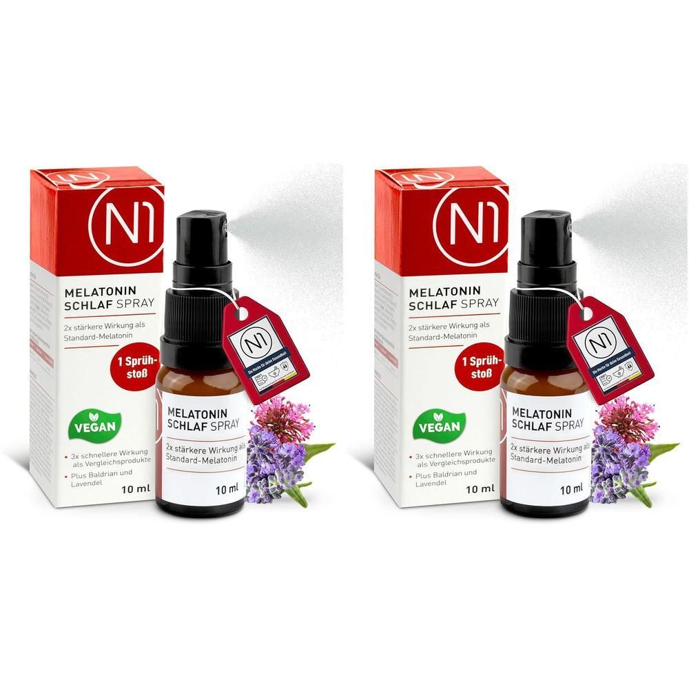 Zwei N1 Melatonin Einschlaf Spray Flaschen und Kartons, mit lila Blumen.