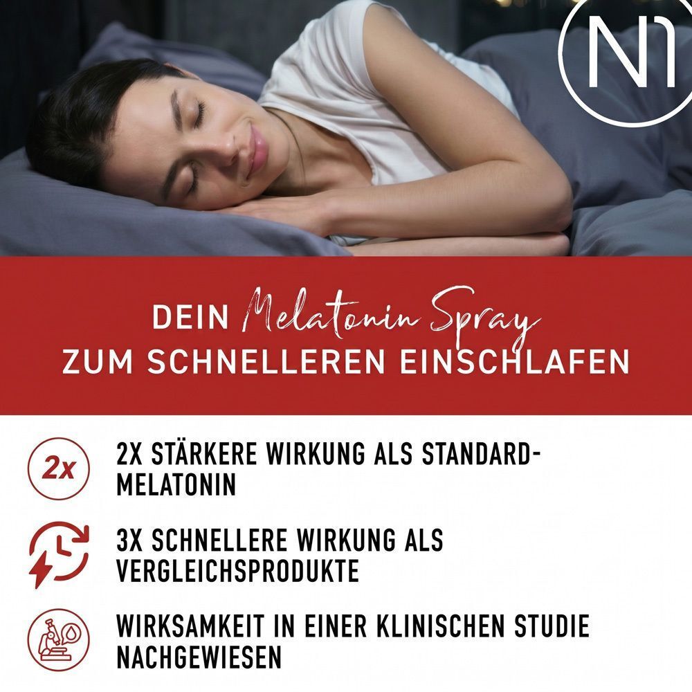 Frau schläft friedlich. Text: Dein Melatonin Spray zum schnelleren Einschlafen.
