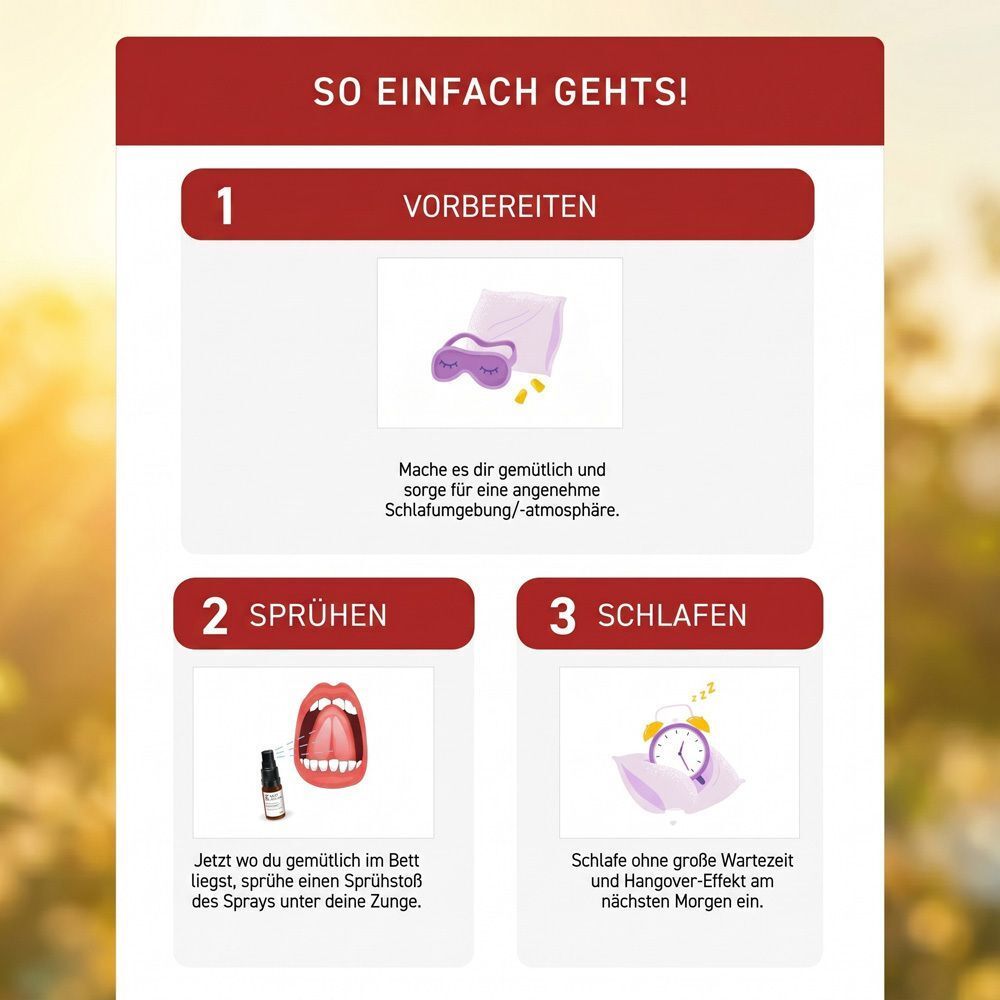 Anleitung in drei Schritten: Vorbereiten, Sprühen, Schlafen. Mit Icons.