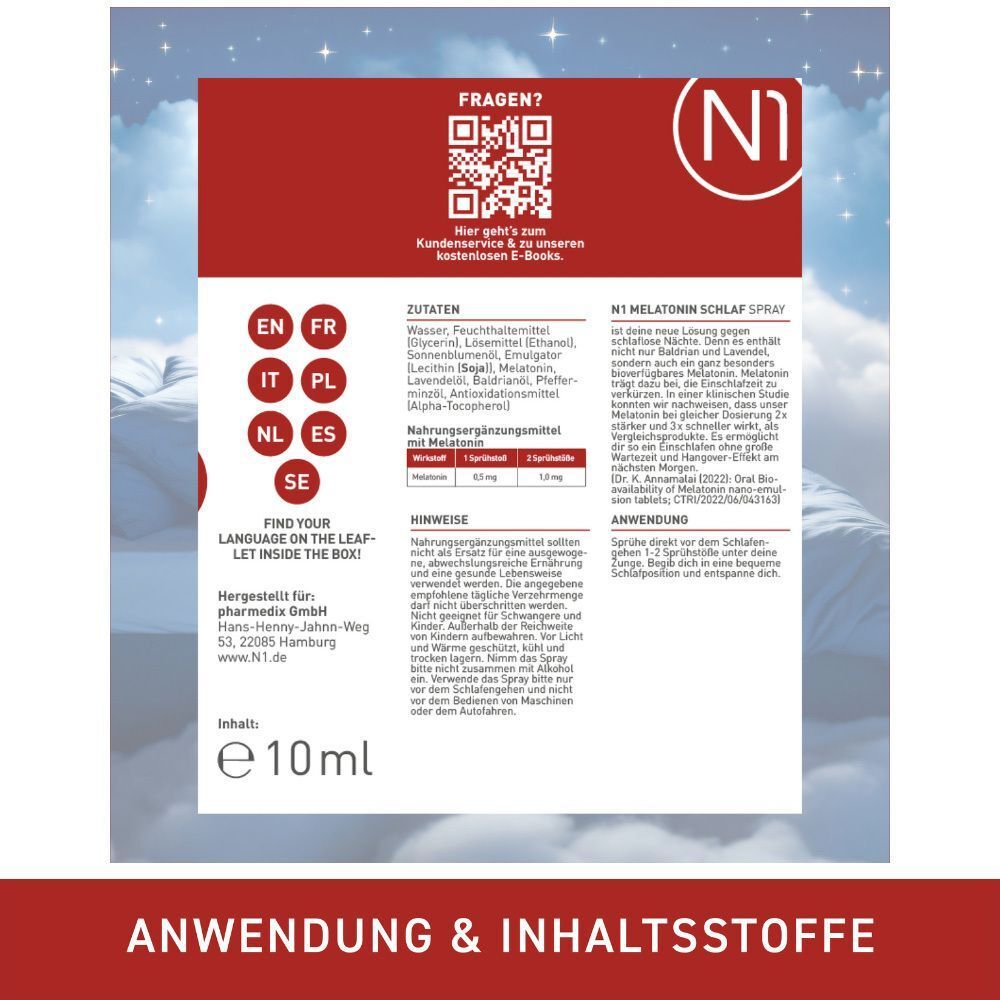 Rückseite der N1 Melatonin Einschlaf Spray Verpackung mit Anwendungshinweisen.