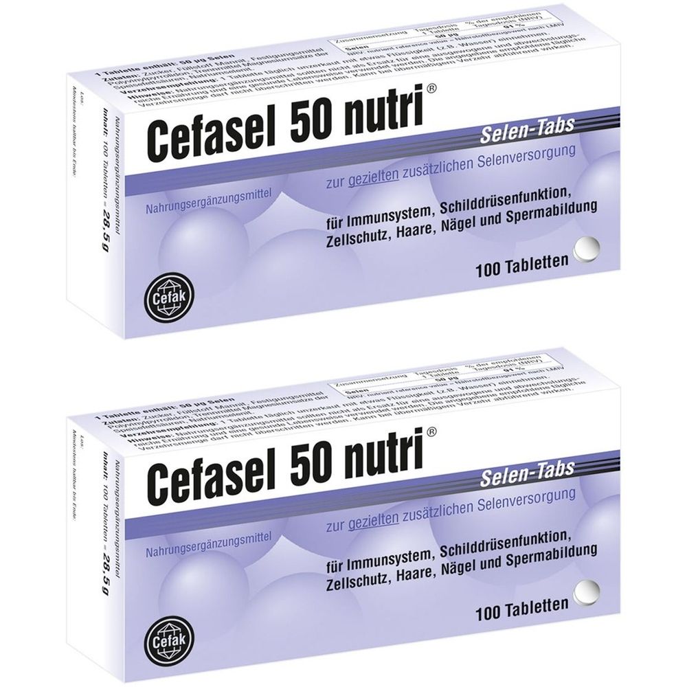 Zwei Schachteln Cefasel 50 nutri Selen-Tabs. Weiße Verpackung mit blauer Schrift. Enthält 100 Tabletten. Marke Cetak.