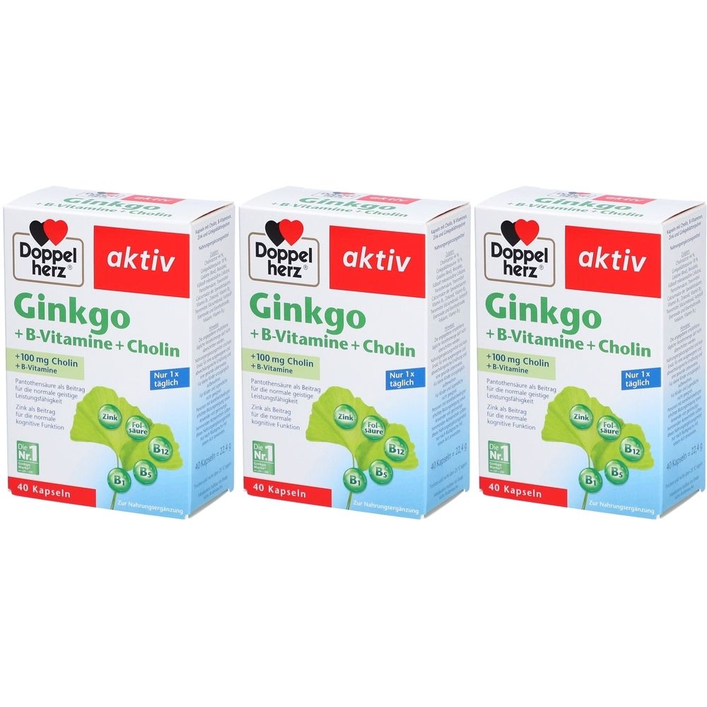 Drei Schachteln Doppelherz aktiv Ginkgo + B-Vitamine + Cholin. Weiße Verpackung mit rotem Akzent und Produktinformationen. 40 Kapseln.