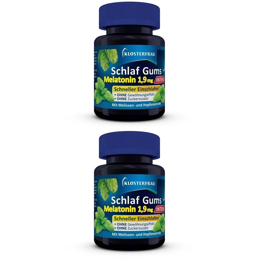 Zwei Flaschen mit blauem Deckel. Aufschrift: Schlaf Gums Melatonin 1,9 mg. Schneller Einschlafen. Ohne Zuckerzusatz.