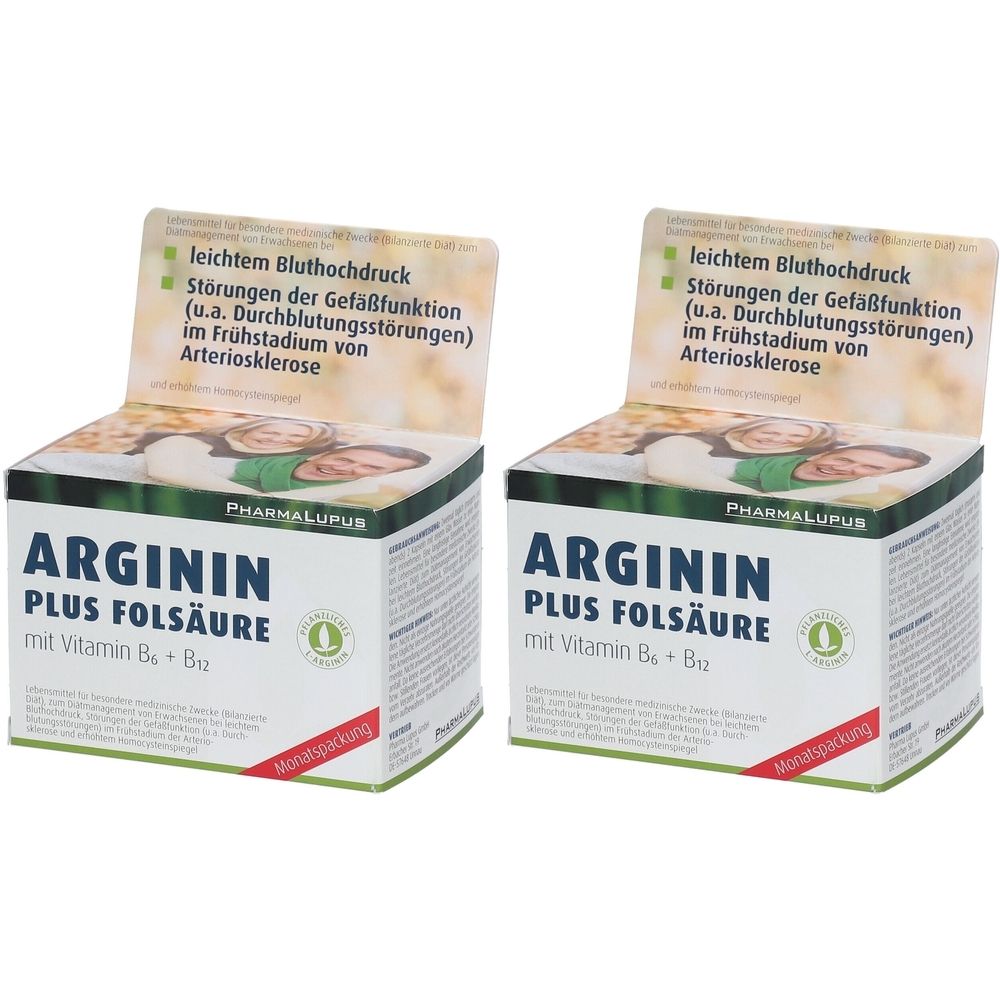 Zwei Schachteln mit der Aufschrift "ARGININ PLUS FOLSÄURE". Auf der Verpackung sind Informationen zu Gefäßfunktionen und Bluthochdruck angegeben.