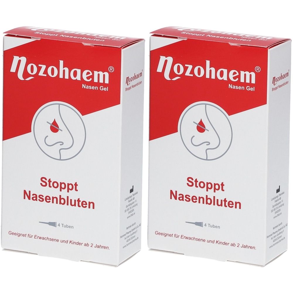 Zwei rechteckige Kartons mit roter und weißer Gestaltung. Aufschrift: Nozohaem Nasen Gel. Text: Stoppt Nasenbluten.