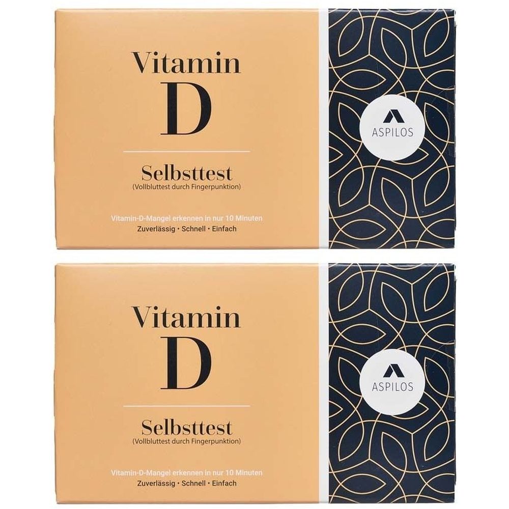 Zwei Packungen Vitamin D Selbsttest. Auf cremefarbenem Hintergrund steht "Vitamin D Selbsttest". Rechts: dunkelblaue Verpackung mit Logo ASPILOS.