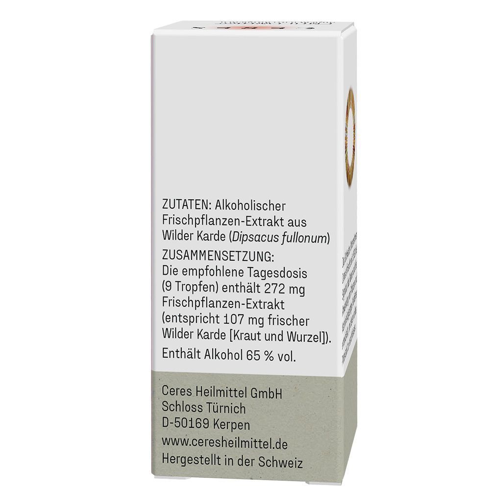 Rückseite der CERES Wilde Karde Verpackung mit Zutatenliste und Herstellerangaben.