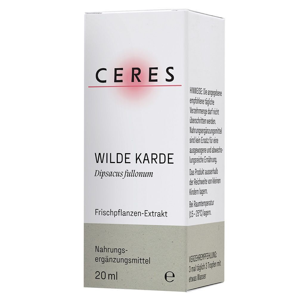 CERES Wilde Karde Extrakt Tropfen Verpackung, 20ml, mit Anwendungsempfehlung.