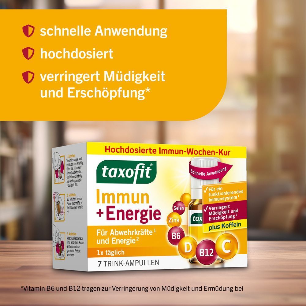Packung taxofit Immun + Energie auf einem Tisch, mit Nahaufnahme der Ampullen und Inhaltsstoffe.